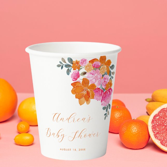 Pink Orange Vibrant Summer Floral Baby Shower Paper Cups (Creator Uploaded)
