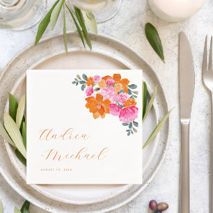 Pink Orange Vibrant Summer Floral Bloom Wedding Napkin