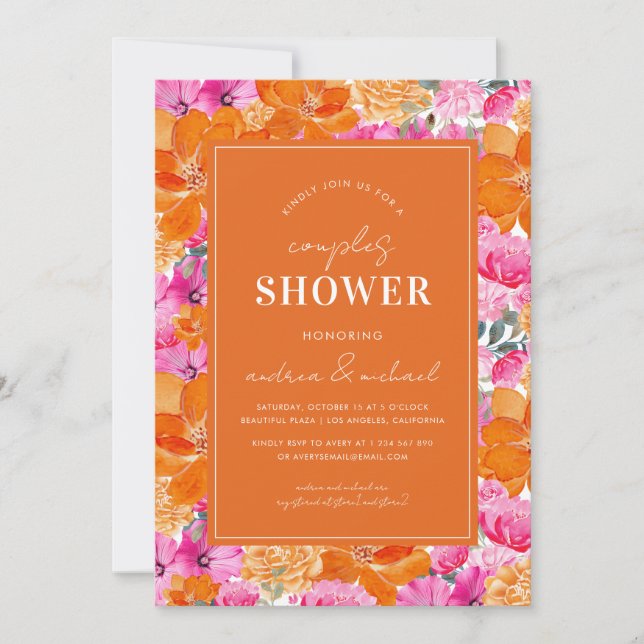 Pink & Orange Vibrant Summer Garden Couples Shower Invitation (Front)
