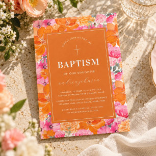 Pink & Orange Vibrant Summer Garden Cross Baptism Invitation