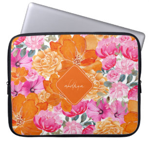 Pink & Orange Vibrant Summer Garden Monogram Bloom Laptop Sleeve