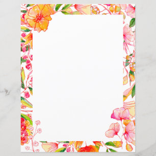 Pink Orange Watercolor Floral Blank Stationery