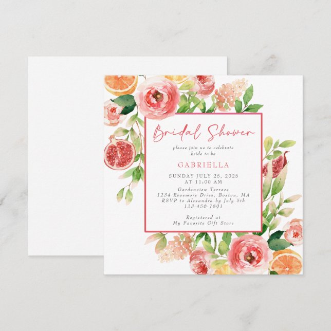 Pink Orange Watercolor Floral Bridal Shower Invitation (Front/Back)
