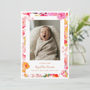 Pink Orange Watercolor Floral Photo Baby Birth Announcement