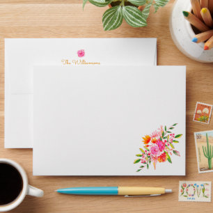 Pink Orange Watercolor Floral Return Address Envelope