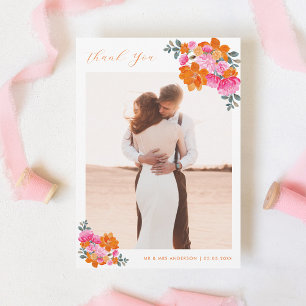 Pink & Orange Watercolor Floral Romantic Wedding Thank You Card