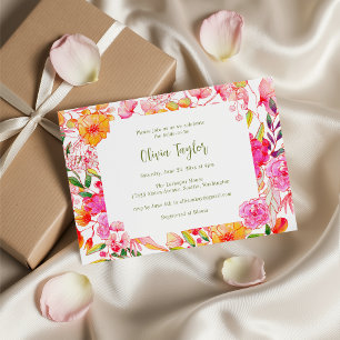 Pink Orange Watercolor Flowers Chic Bridal Shower Invitation