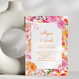 Pink Orange Watercolor Flowers Cute Script Wedding Invitation