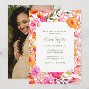 Pink Orange Watercolor Flowers Photo Baby Shower Invitation
