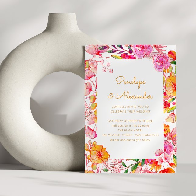 Pink Orange Watercolor Flowers Script Chic Wedding Invitation (Creator Uploaded)