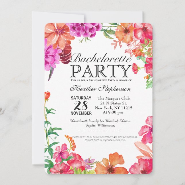 Pink Orange Watercolor Garden Bachelorette Party Invitation (Front)