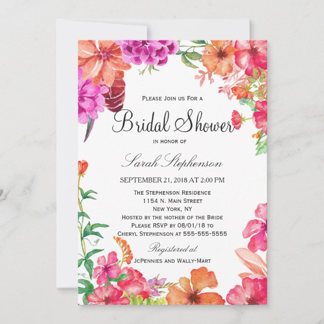 Pink Orange Watercolor Garden Bridal Shower Invite (Front)