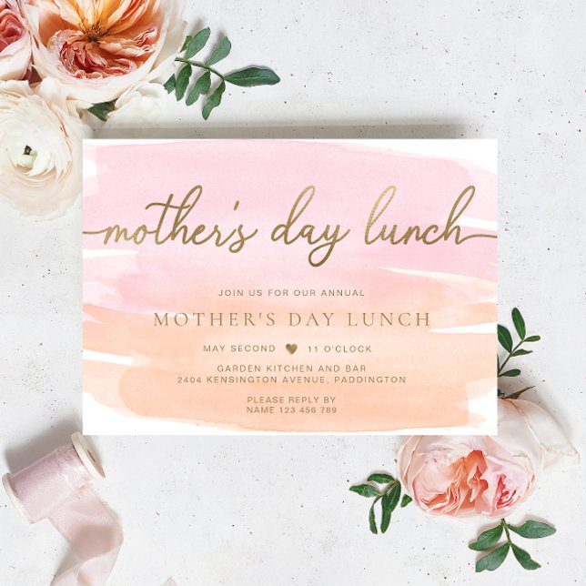 Pink Orange Watercolour Gold Mother's Day Lunch Invitation (Mothers Day Lunch Orange Pink Watercolour Gold)