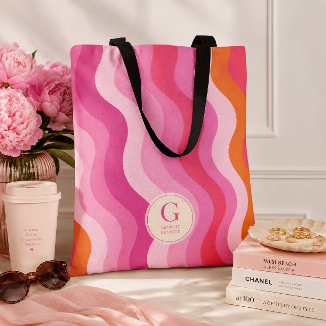 Pink Orange Waves Personalised Monogram Tote Bag (Creator Uploaded)