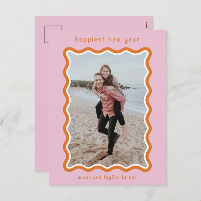 Pink & Orange Wavy Frame Happiest New Year Holiday Postcard (Front/Back)