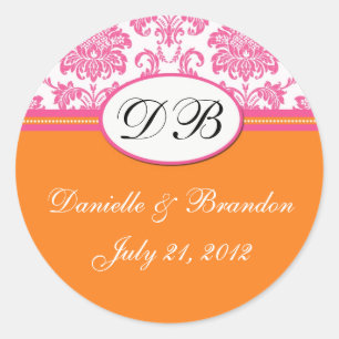 Pink Orange Wedding Monogram Damask Seal