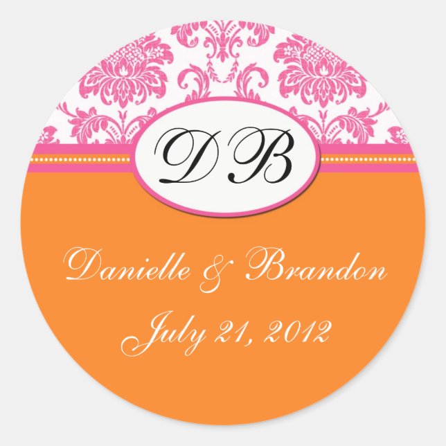Pink Orange Wedding Monogram Damask Seal (Front)