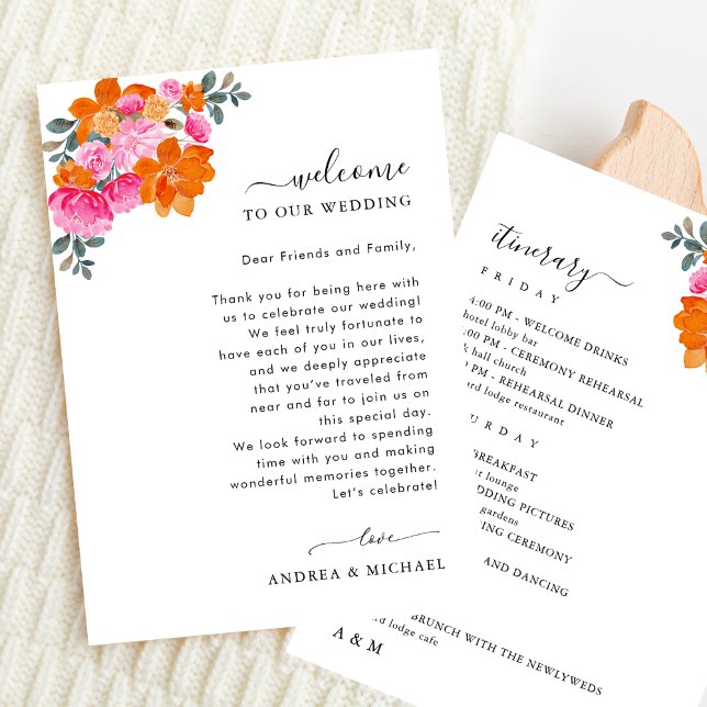 Pink Orange Wedding Welcome Letter Itinerary Card (Creator Uploaded)