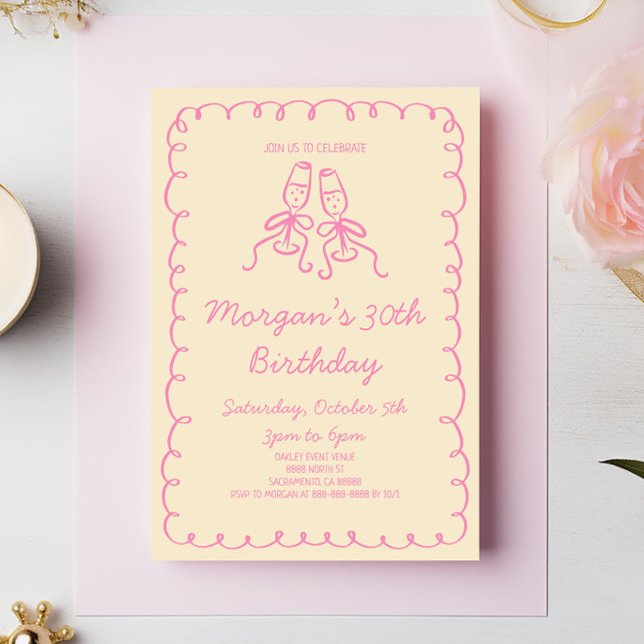 Pink Orange Whimsical Champagne Birthday Party Invitation (Creator Uploaded)