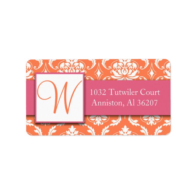 Pink Orange White Damask Initial Address Labels (Front)