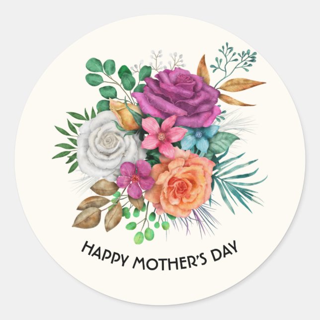 Pink, Orange & White Roses Bouquet Mother's Day Classic Round Sticker (Front)