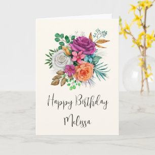 Pink, Orange & White Roses Floral Bouquet Birthday Card