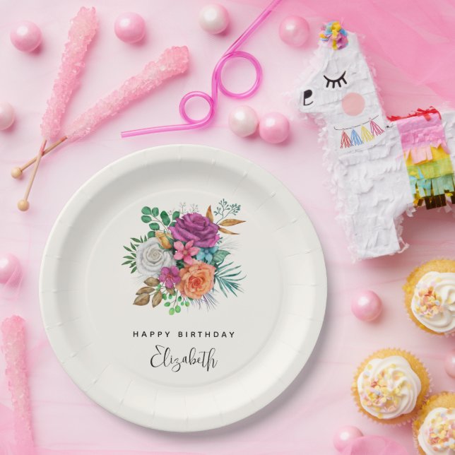 Pink, Orange & White Roses Floral Bouquet Paper Plate (Party)