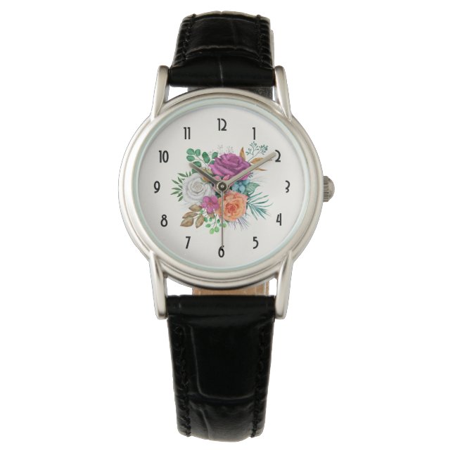 Pink, Orange & White Roses Floral Bouquet Watch (Front)
