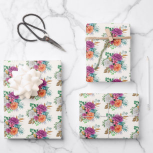 Pink, Orange & White Roses Floral Bouquet Wrapping Paper Sheet