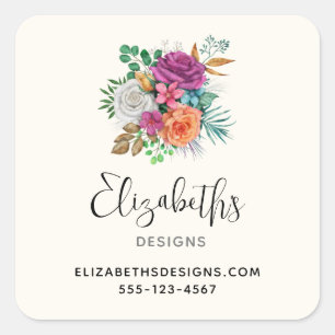 Pink, Orange & White Roses Floral Business Square Sticker