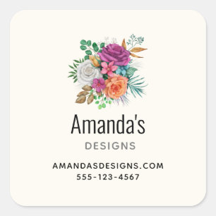 Pink, Orange & White Roses Floral Business Square Sticker