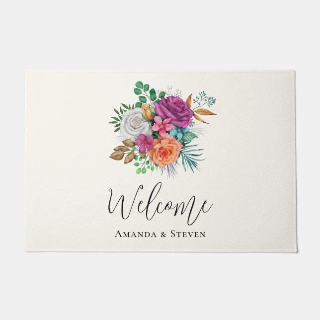 Pink, Orange & White Roses Floral Welcome Doormat (Front)
