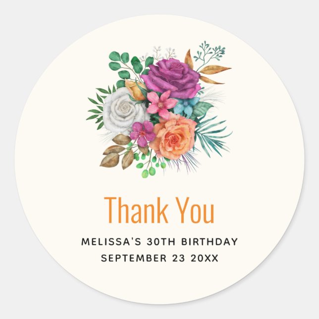 Pink, Orange & White Roses Party Thank You Classic Round Sticker (Front)