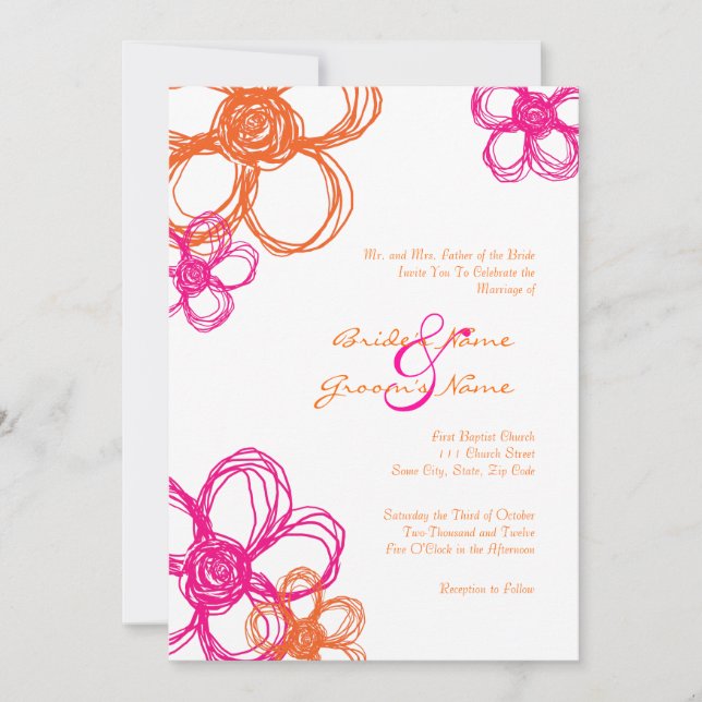 Pink & Orange Wild Flowers 5x7 Wedding Invitation (Front)