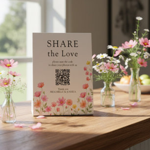 Pink Orange Wildflower Wedding QR Code Pedestal Sign