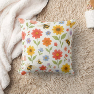 Pink Orange Yellow Floral and Bee Pattern  Cushion