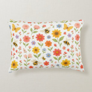 Pink Orange Yellow Floral and Bee Pattern  Decorative Cushion