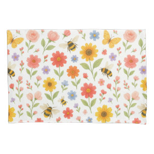 Pink Orange Yellow Floral and Bee Pattern  Pillowcase