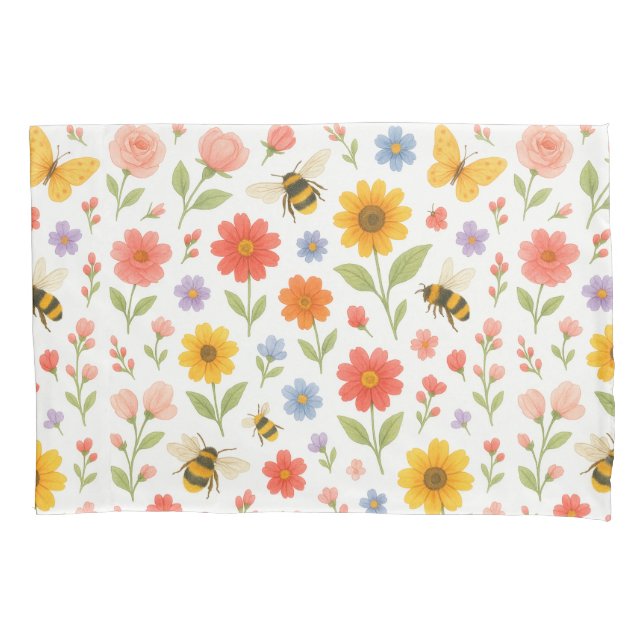 Pink Orange Yellow Floral and Bee Pattern  Pillowcase (Front)