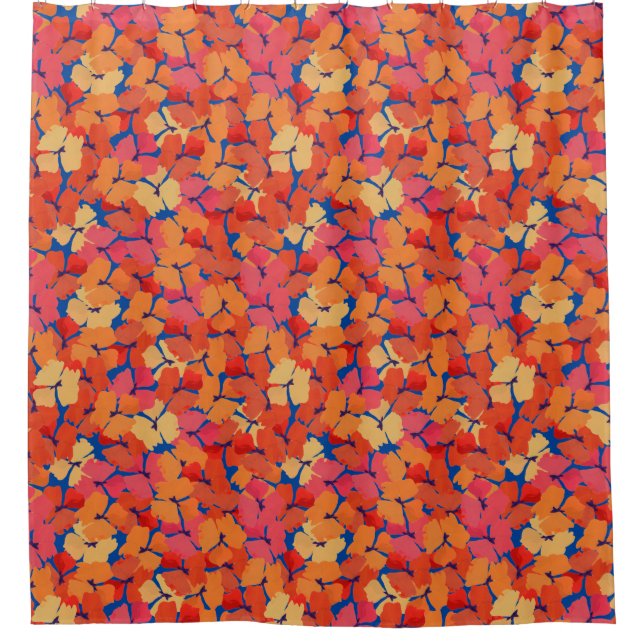 Pink Orange Yellow Poppies Floral Pattern on Blue Shower Curtain (Front)