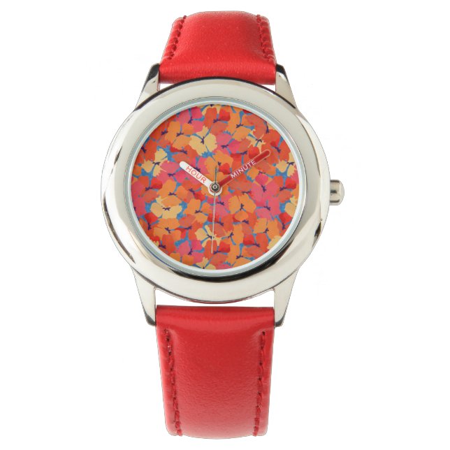 Pink Orange Yellow Poppies Kids Red Wristwatch (Front)