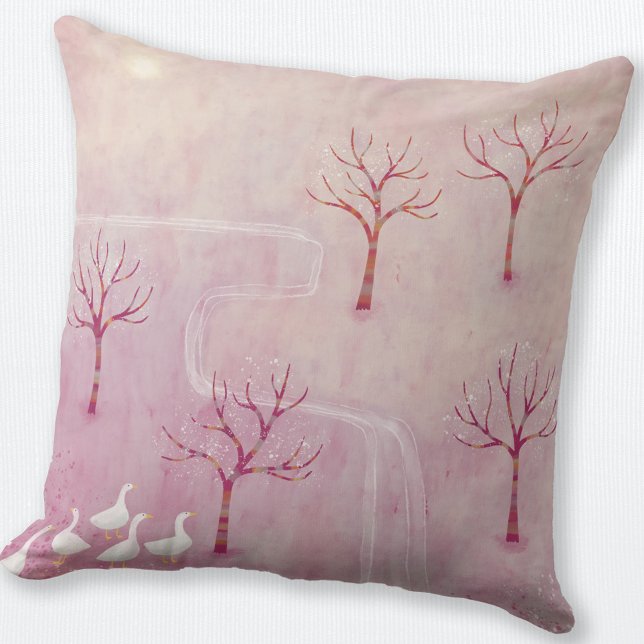 Pink Orchard with Geese Landscape Painting Cushion (Geese in the Orchard pink landscape art throw pillow)