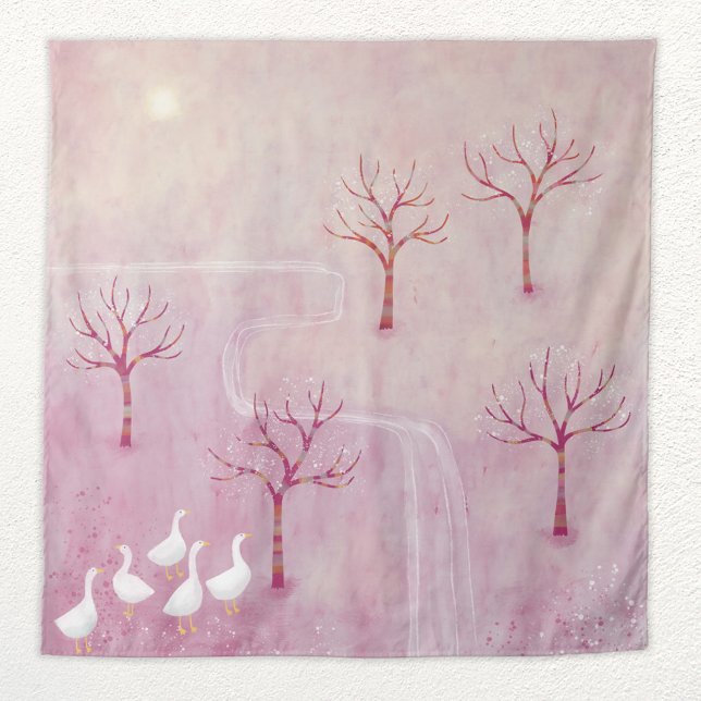 Pink Orchard with Geese Landscape Painting Tapestry (Creator Uploaded)