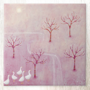 Pink Orchard with Geese Landscape Painting Tile