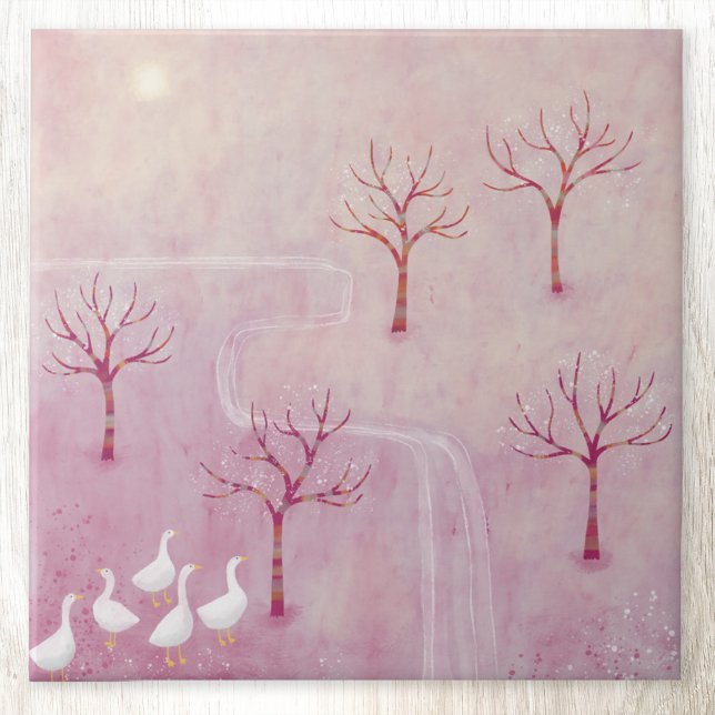 Pink Orchard with Geese Landscape Painting Tile (Landscape orchard geese art ceramic tile
)