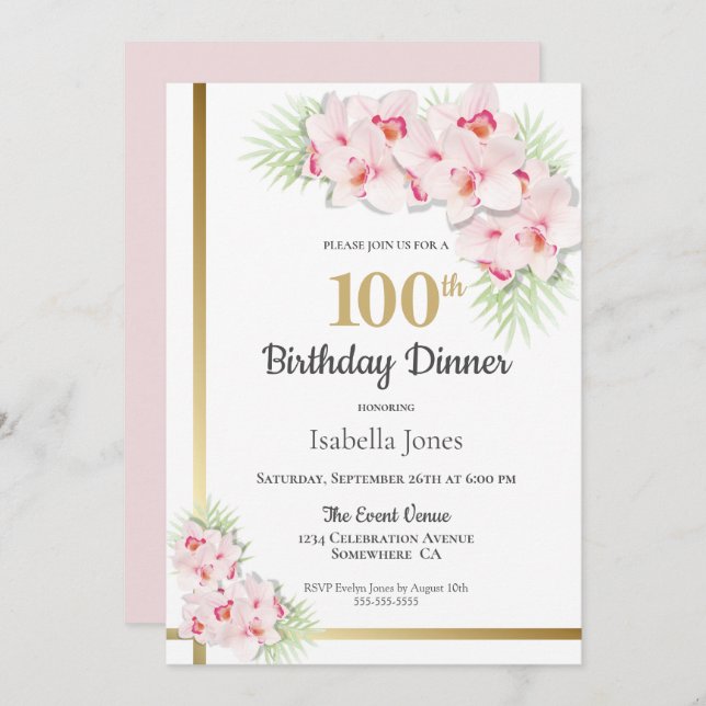 Pink Orchid 100th Birthday Dinner Party Invitation (Front/Back)