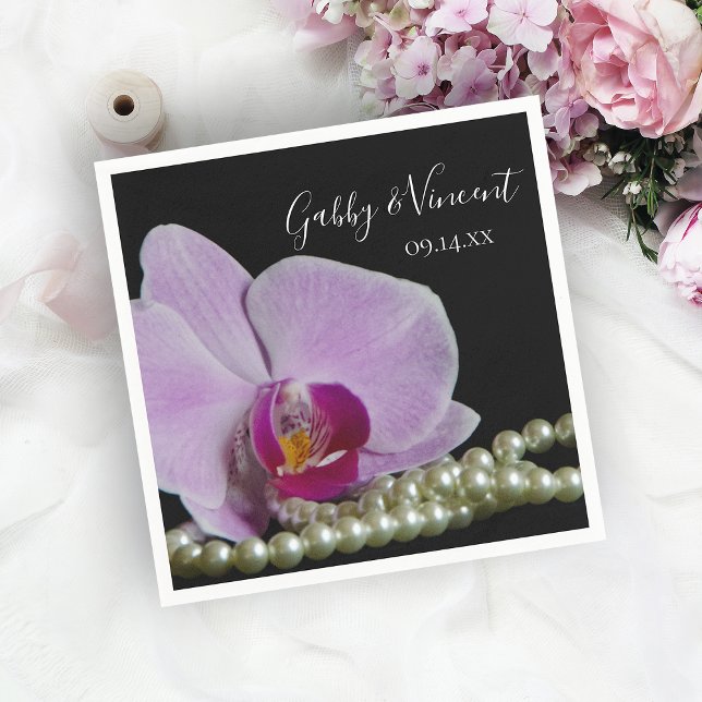 Pink Orchid and Pearls on Black Wedding Napkin (Creator Uploaded)