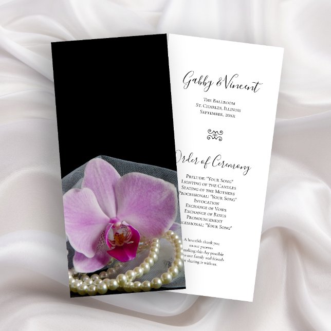 Pink Orchid and Pearls on Black Wedding Program Programme (Creator Uploaded)