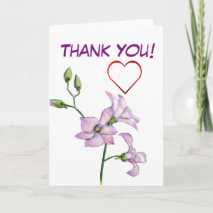 Pink Orchid and Red Heart Thank You Card