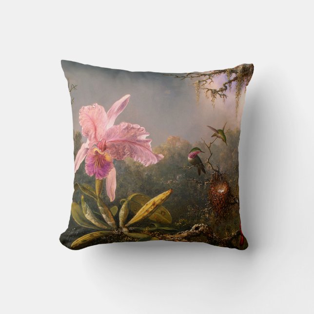 Pink Orchid and Three Hummingbirds Pillow (Front)